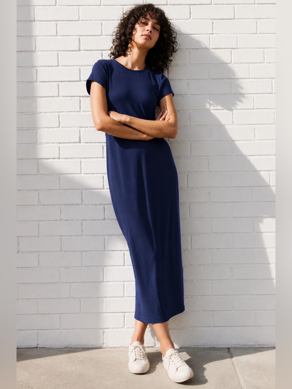 Free People Beach Ribbed Short Sleeve Maxi T-Shirt Dress Navy